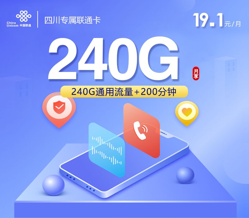 四川专属联通卡【19.1元240G通用流量+200分钟通话】